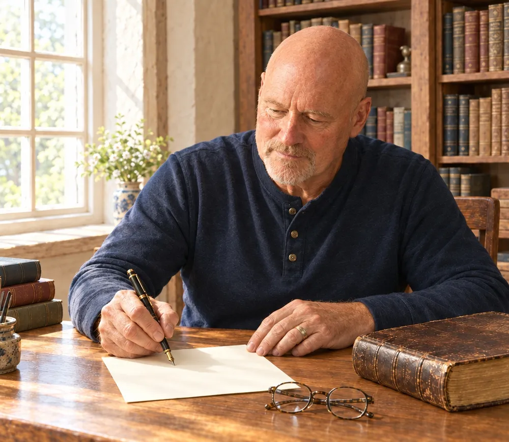 Rusty Thomas writing at his desk