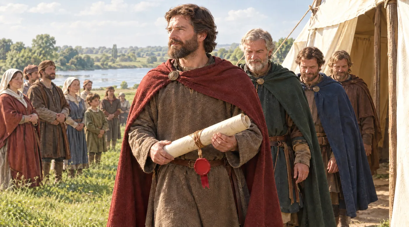 A medieval nobleman holding a sealed charter, with townspeople gathered behind him