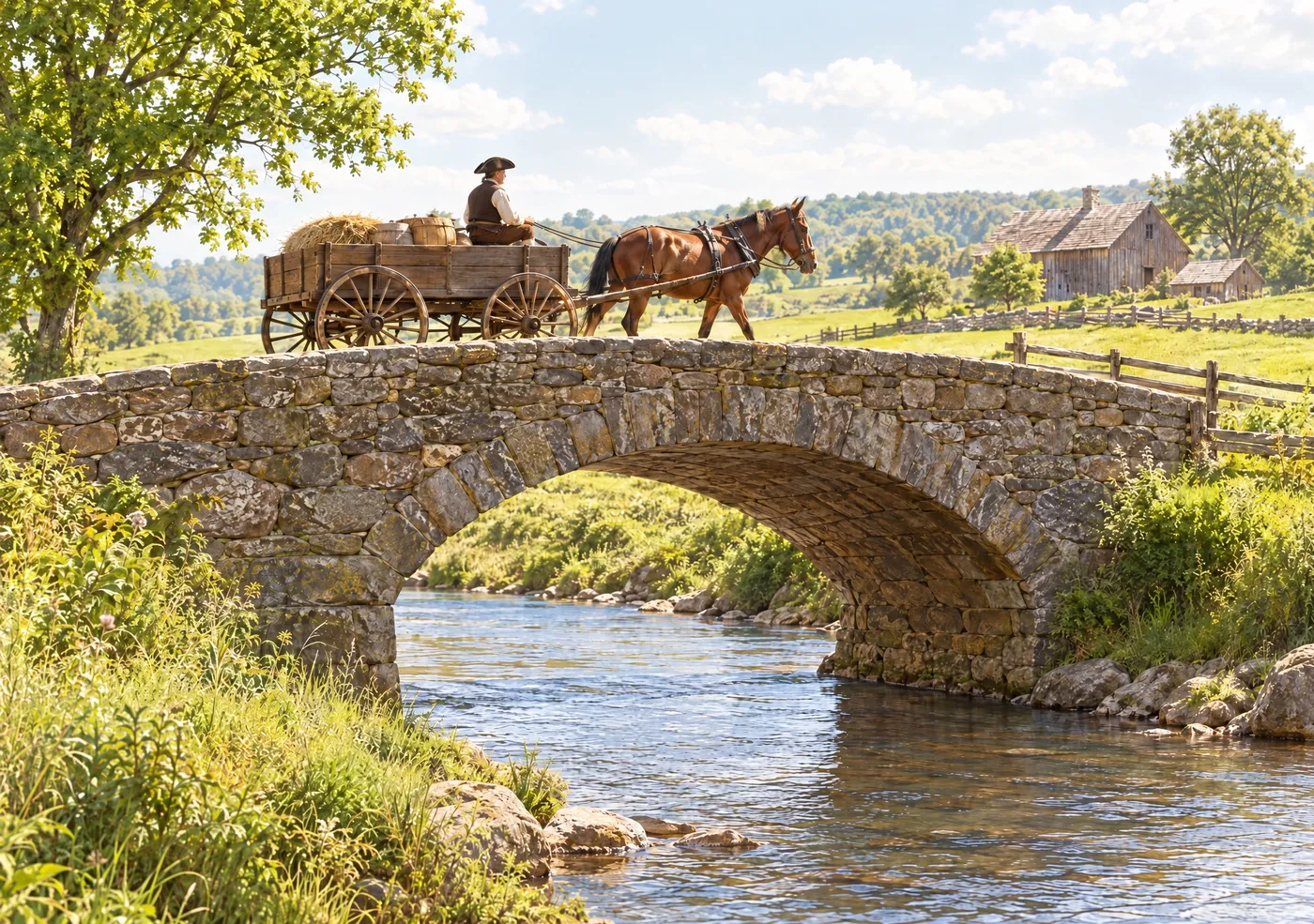 A horse-drawn wagon crossing an old stone bridge over a clear stream