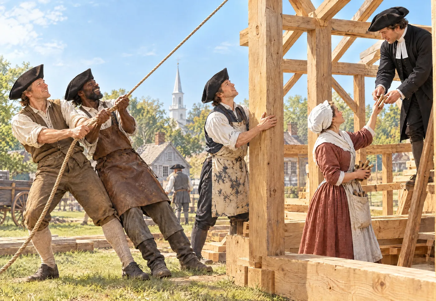 Colonial neighbors raising the timber frame of a new building together