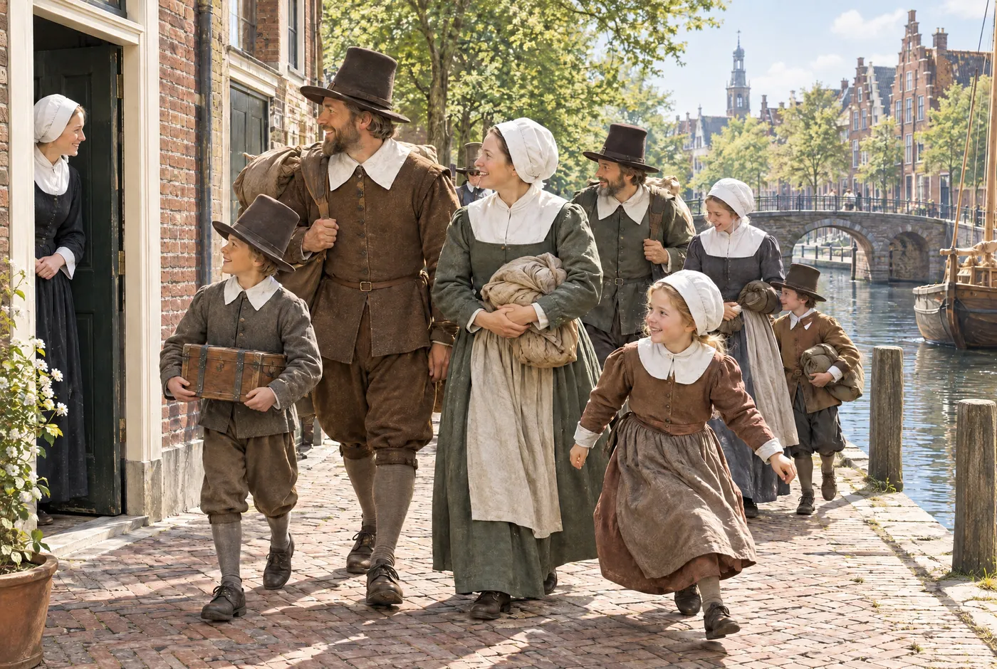 Pilgrim families walking along a canal street in Leiden, carrying their belongings