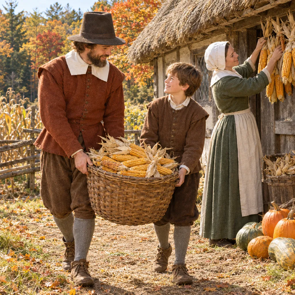 A Pilgrim father and son carrying a basket of corn at harvest time