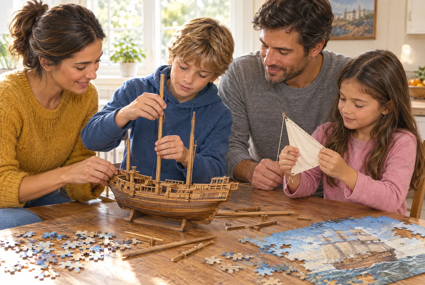 A family building a model of the Mayflower together at the table