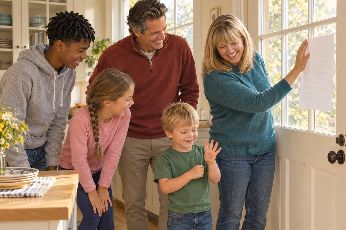 A family talking together around the kitchen table, the younger son raising his hand to share