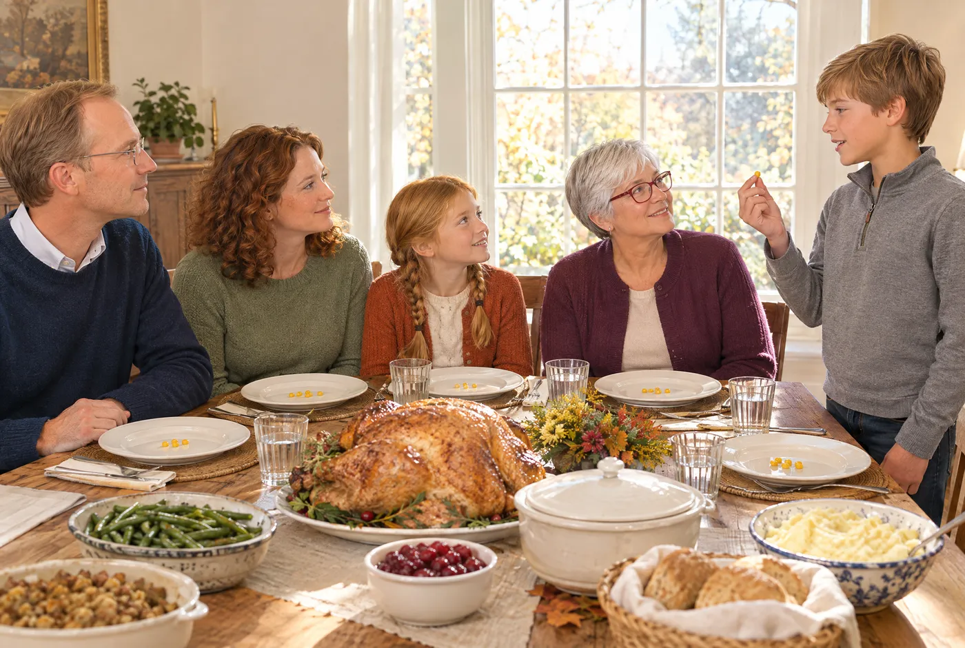 Three generations of a family around a sunlit Thanksgiving table, a boy telling the story of the five kernels