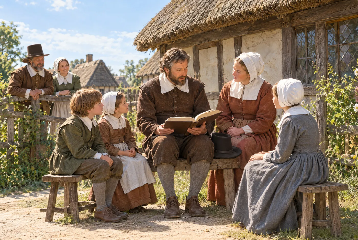 A Pilgrim family gathered outside their cottage while the father reads the Bible aloud