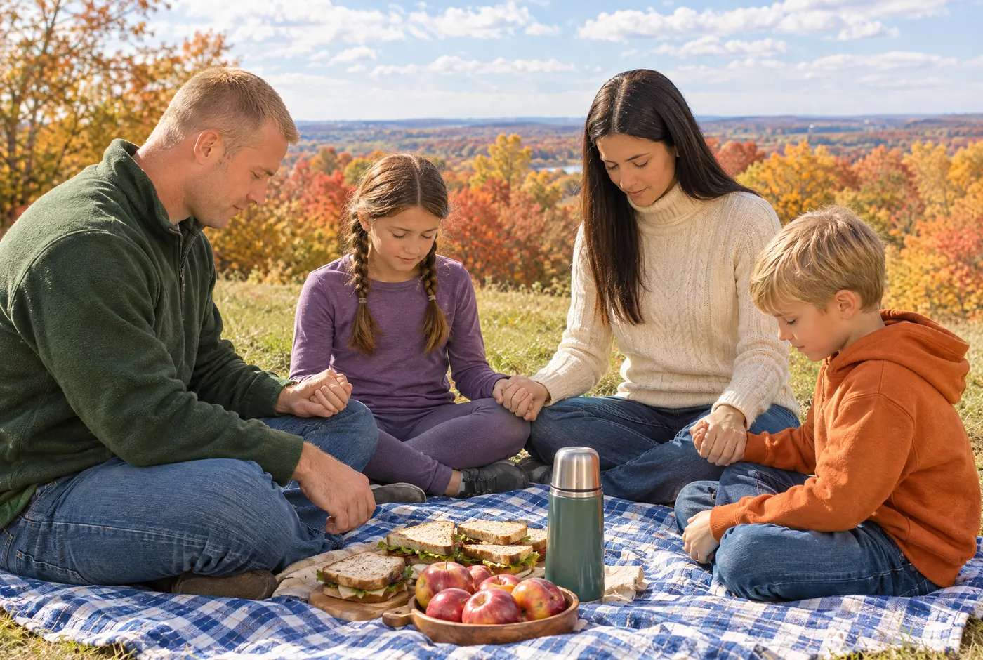 A family holding hands to pray before a picnic under autumn trees