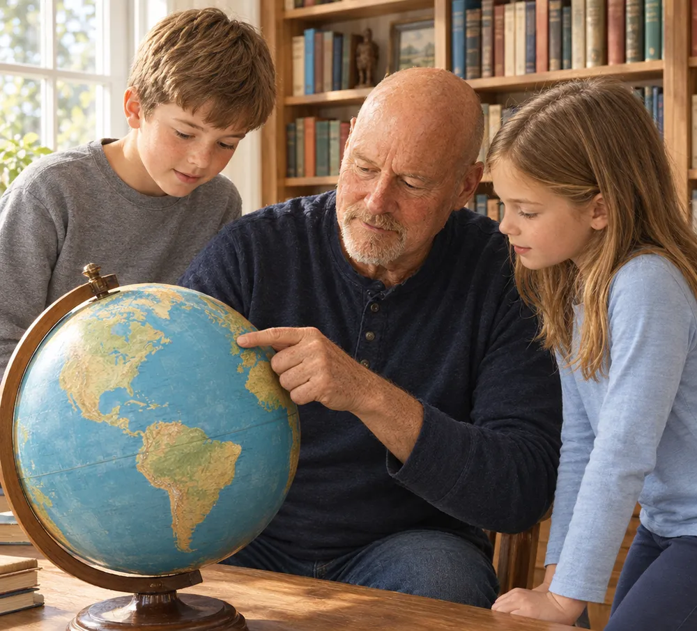 Rusty Thomas showing his grandchildren a globe