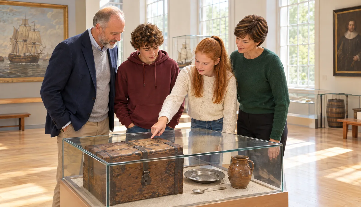 A family at a history museum looking at an old sea chest in a glass case