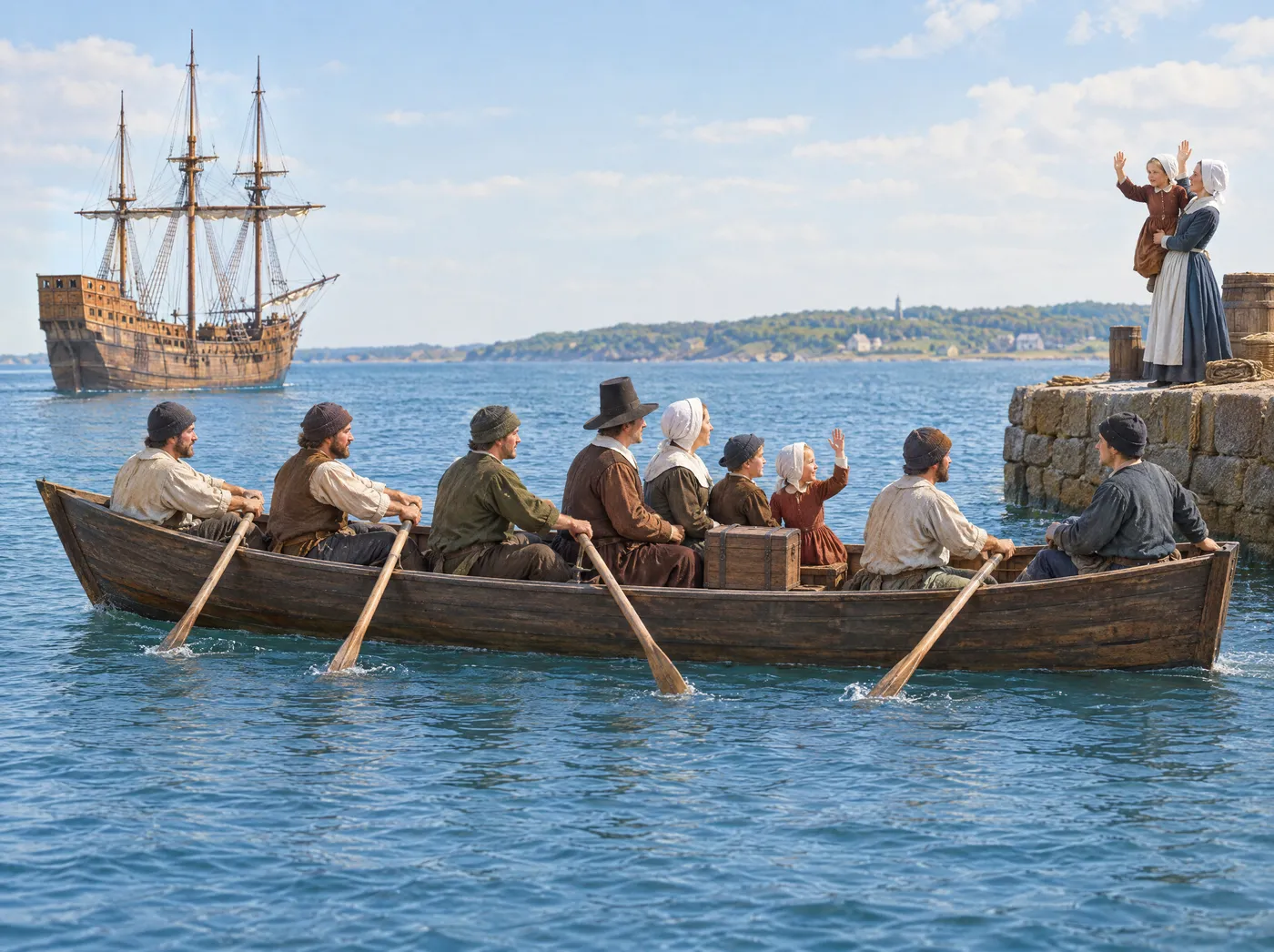 A family on the quay watching a rowboat carry passengers out to the Mayflower