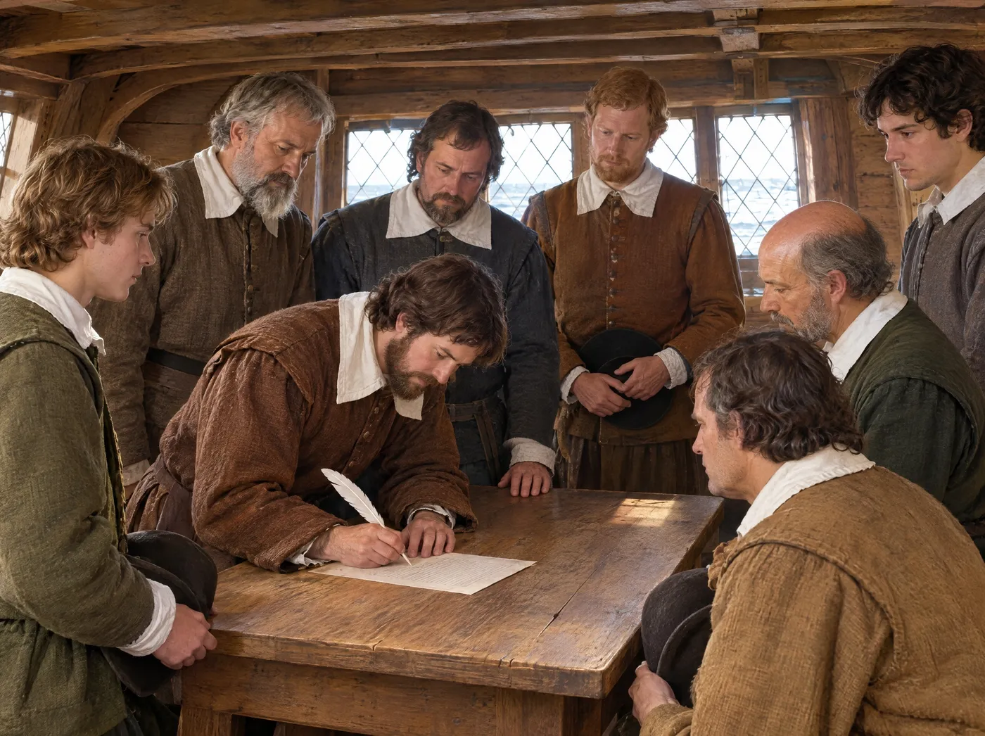 The Pilgrim men signing the Mayflower Compact in the ship’s cabin