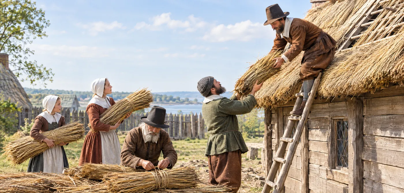 Pilgrim neighbors working together to thatch the roof of a new house