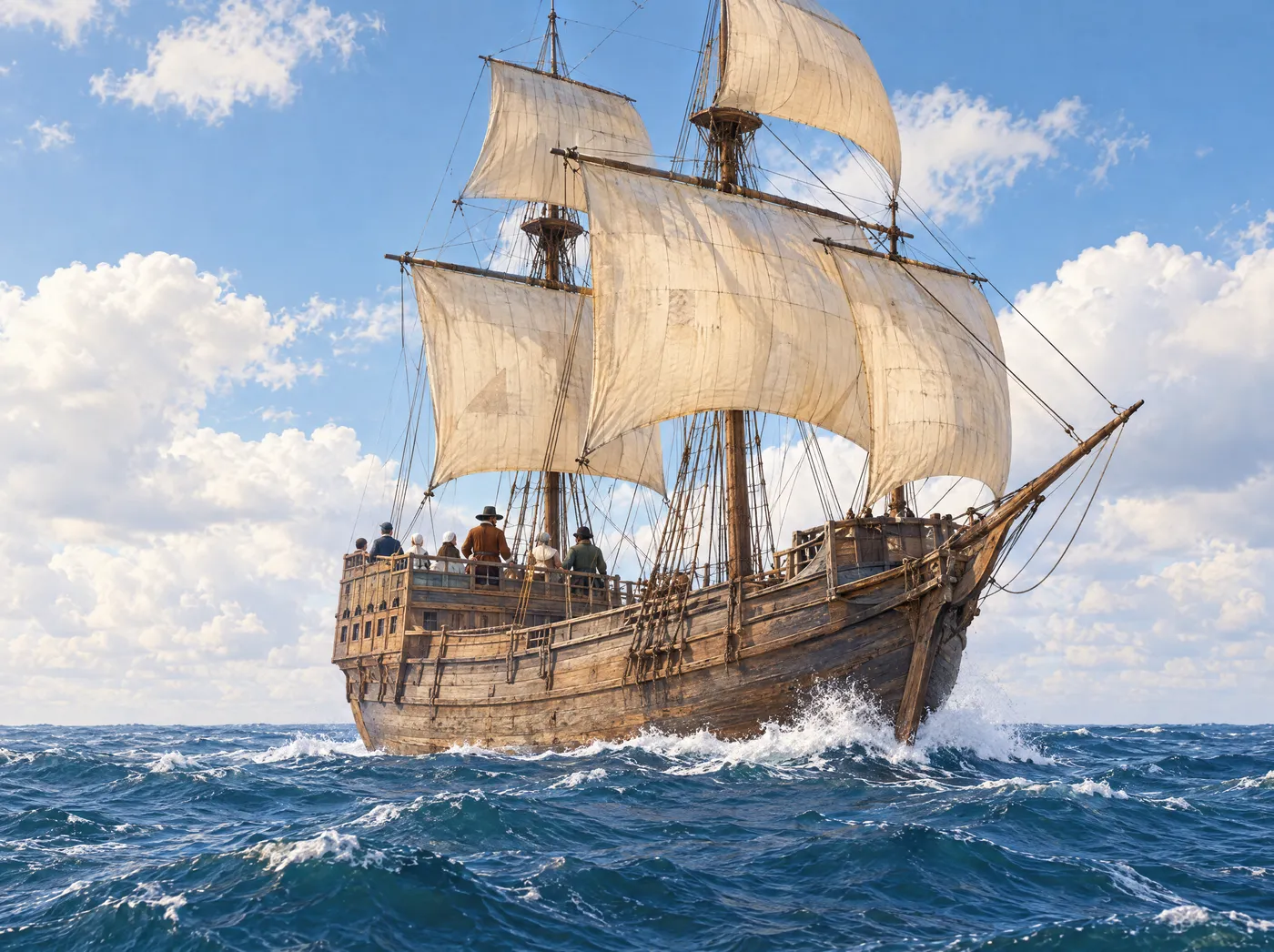 The Mayflower under full sail on a deep blue sea
