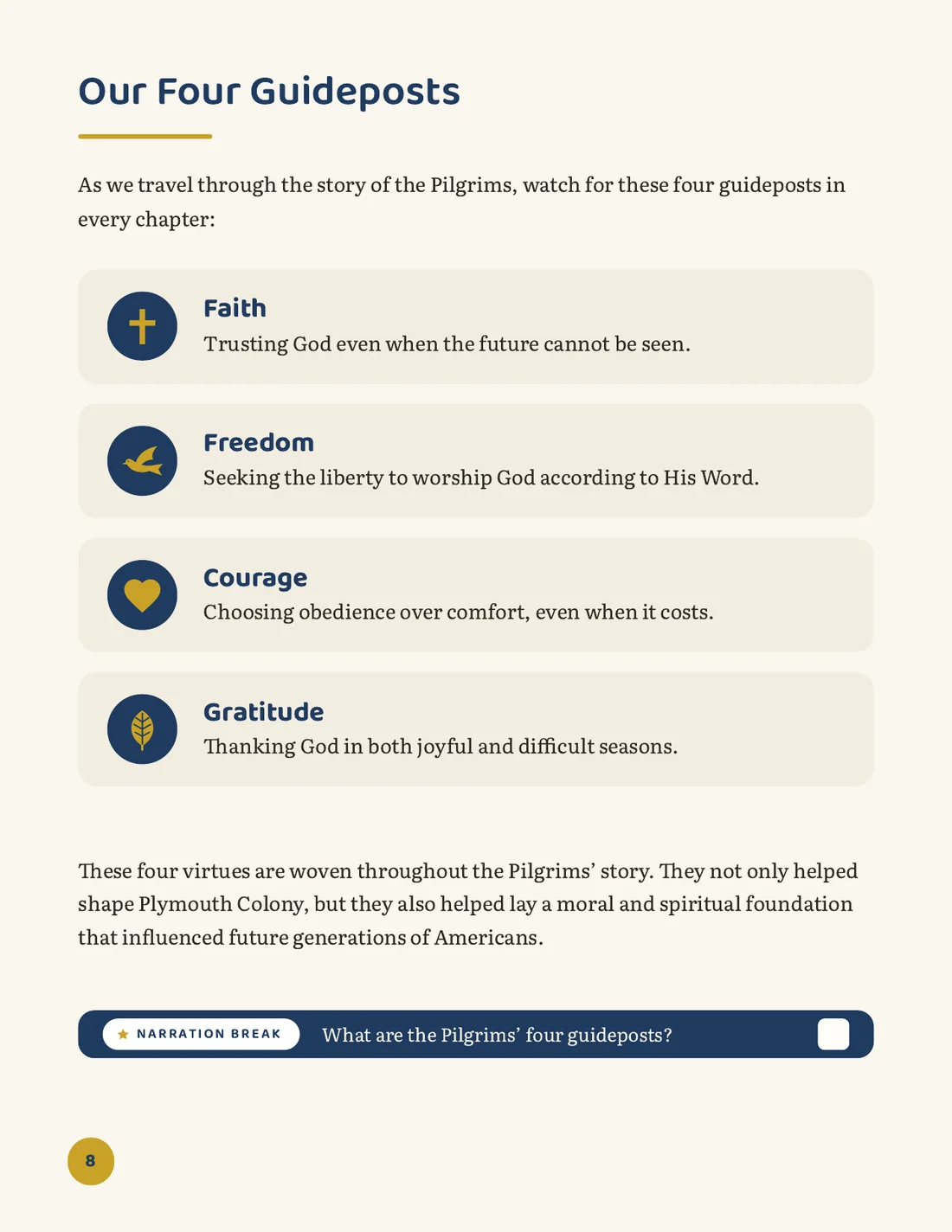 Page: Our Four Guideposts, faith, freedom, courage and gratitude