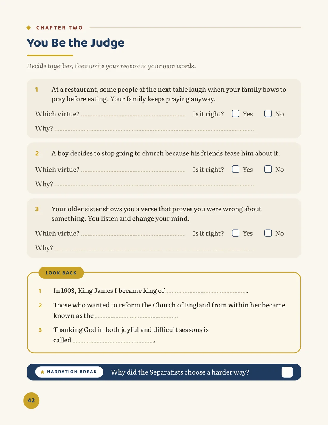 Page: You Be the Judge, everyday situations to decide, with Look Back questions and a narration break